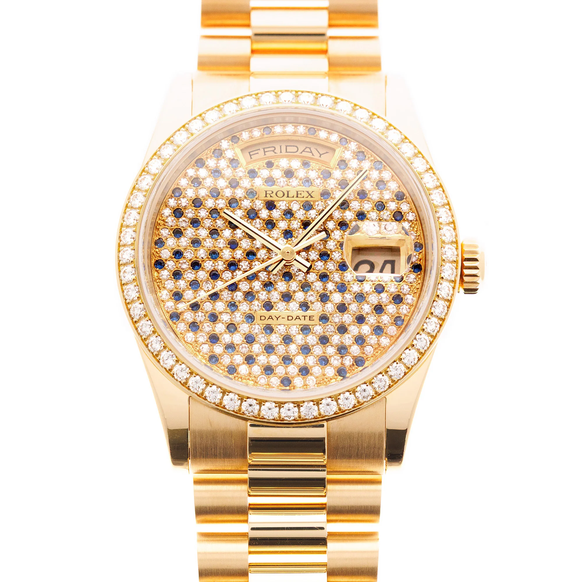 Rolex Yellow Gold Day-Date Rare Diamond & Sapphire Dial Watch Ref. 118348