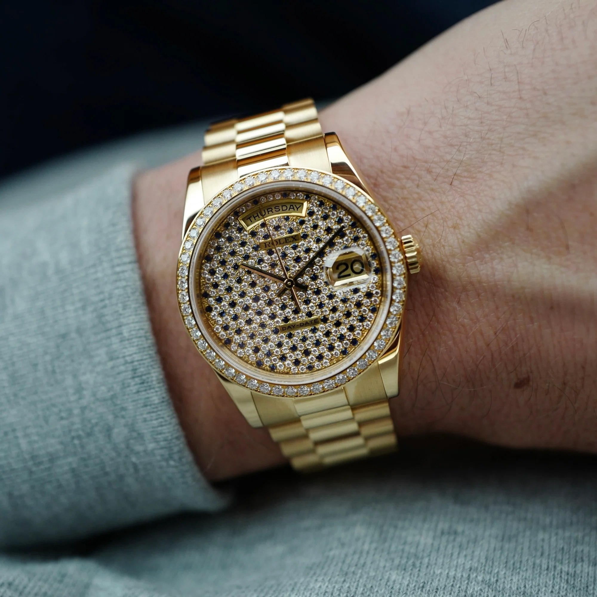 Rolex Yellow Gold Day-Date Rare Diamond & Sapphire Dial Watch Ref. 118348 - Image 2