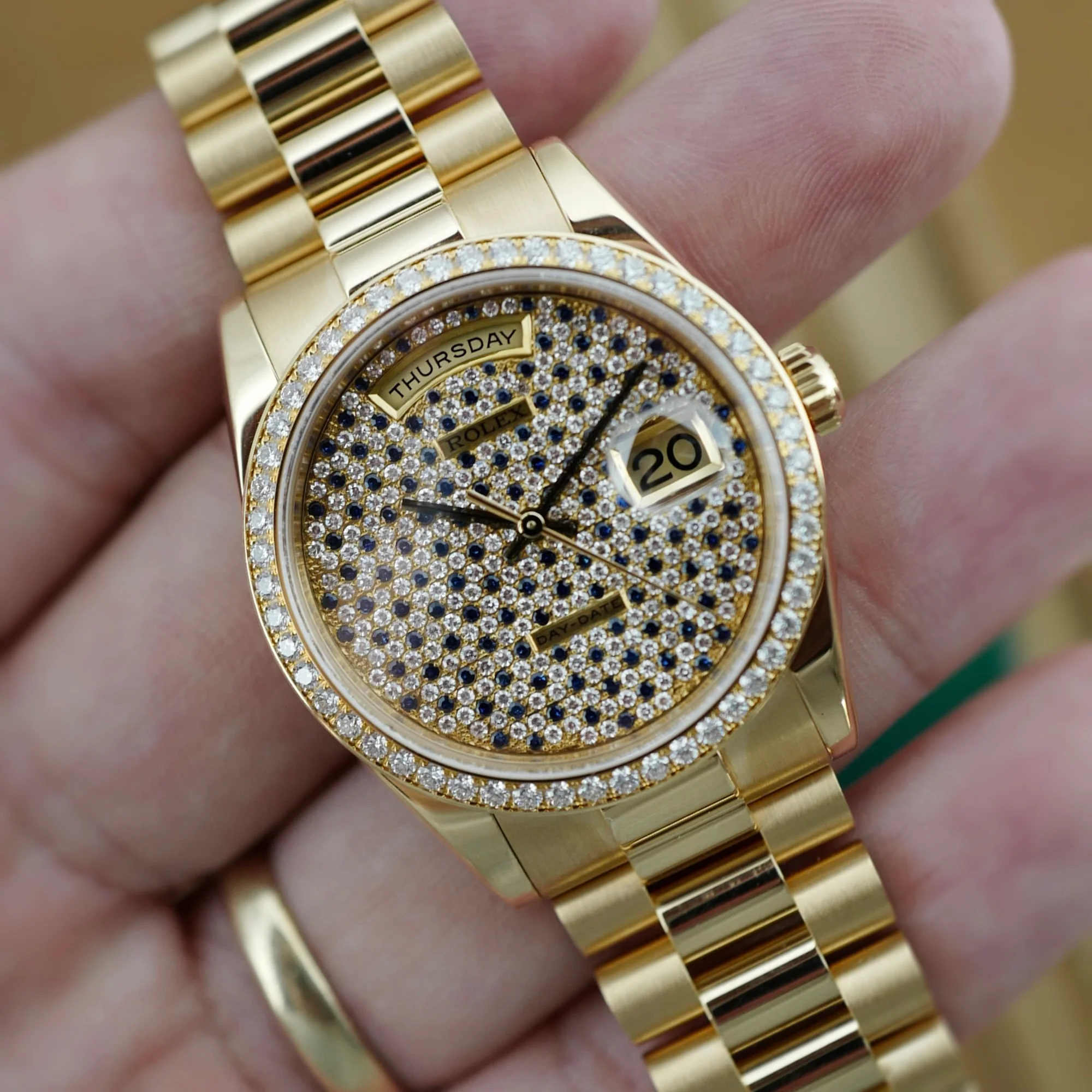 Rolex Yellow Gold Day-Date Rare Diamond & Sapphire Dial Watch Ref. 118348 - Image 3