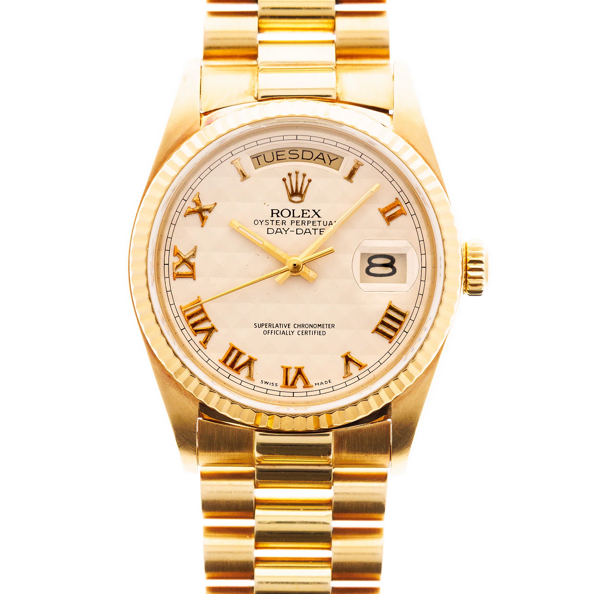 Rolex Yellow Gold Day Date Ref. 18038 with White Pyramid Roman Dial