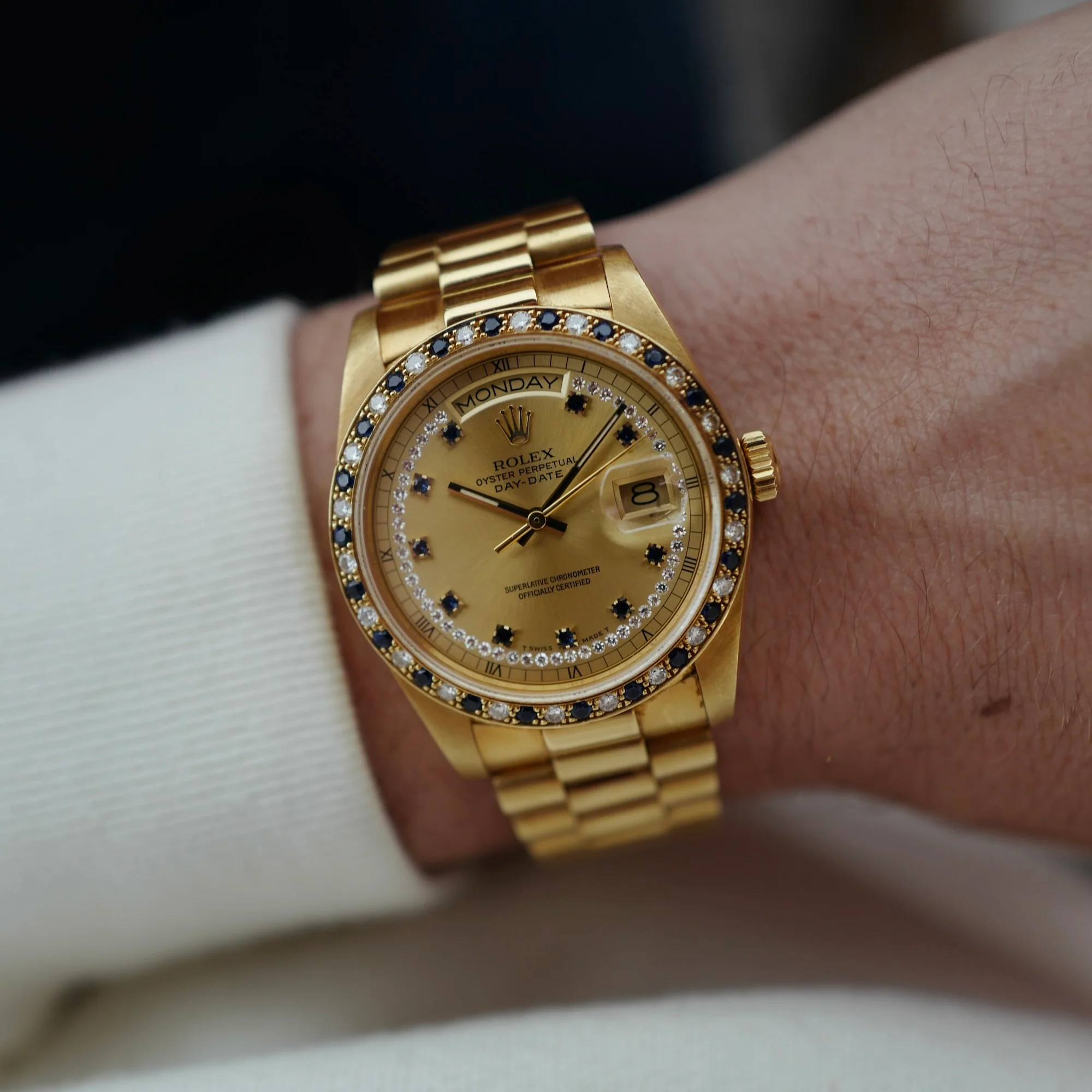Rolex Yellow Gold Day-Date Ref. 18148 with Sapphire and Diamond String Dial and Bezel (New Arrival) - Image 2