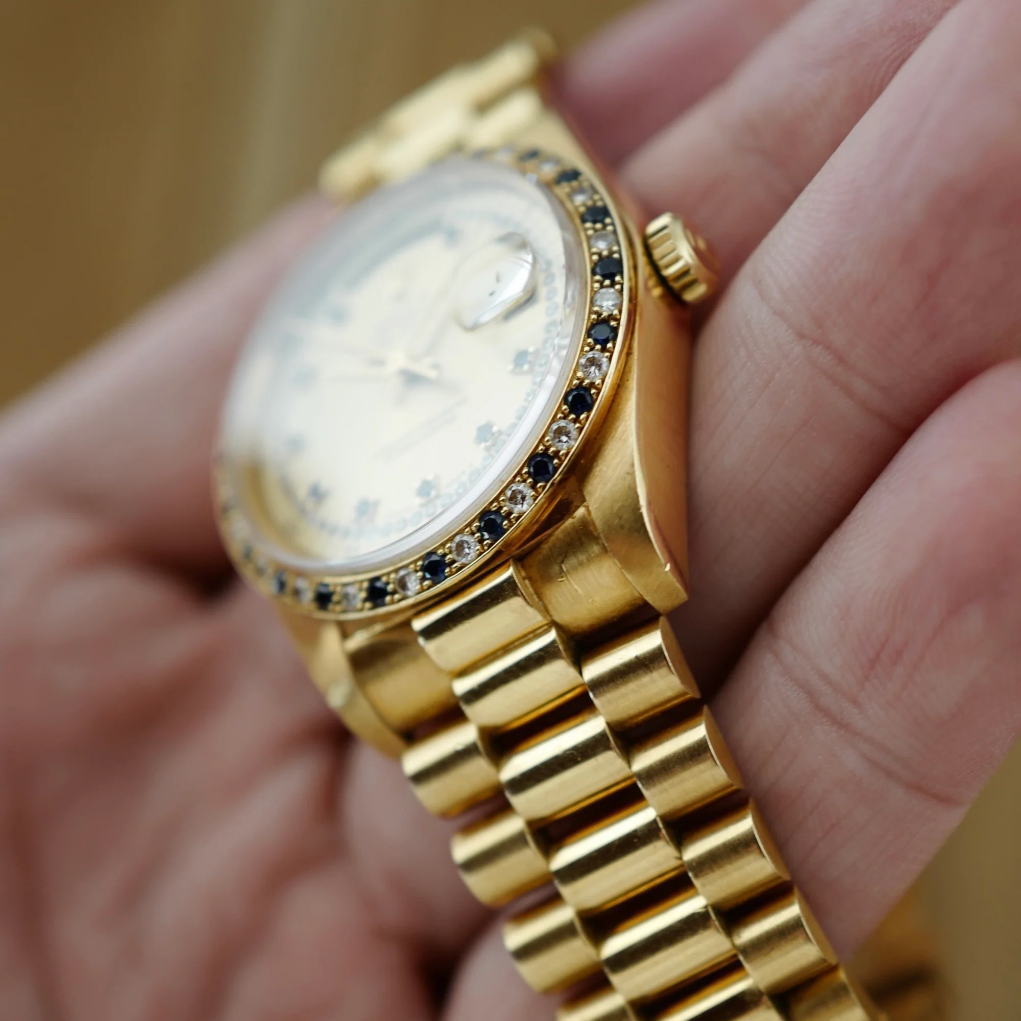 Rolex Yellow Gold Day-Date Ref. 18148 with Sapphire and Diamond String Dial and Bezel (New Arrival) - Image 5