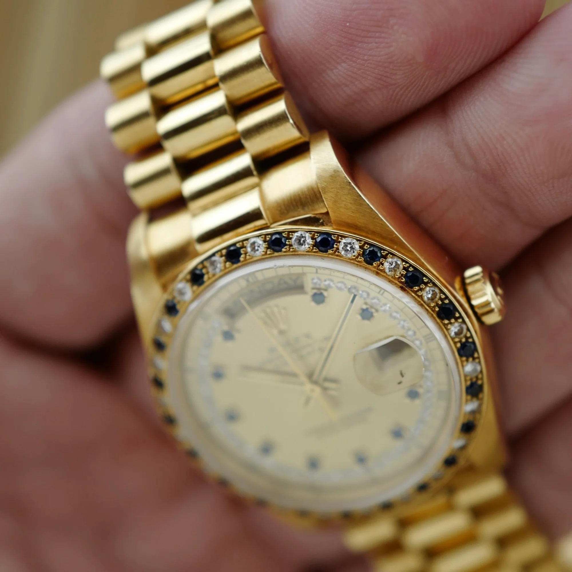 Rolex Yellow Gold Day-Date Ref. 18148 with Sapphire and Diamond String Dial and Bezel (New Arrival) - Image 7