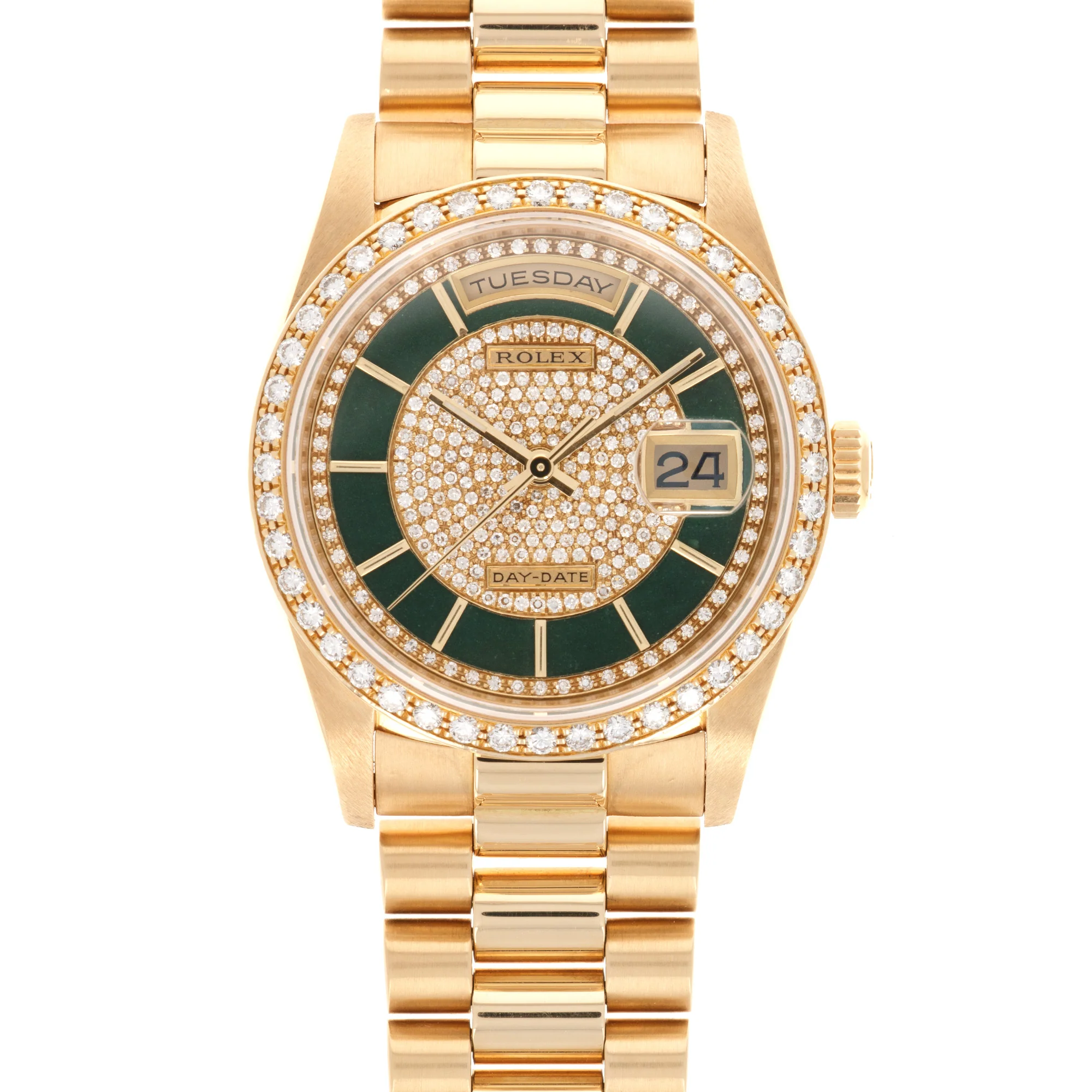 Rolex Yellow Gold Day-Date Ref. 18348 with Original Carousel Diamond and Green Enamel Dial
