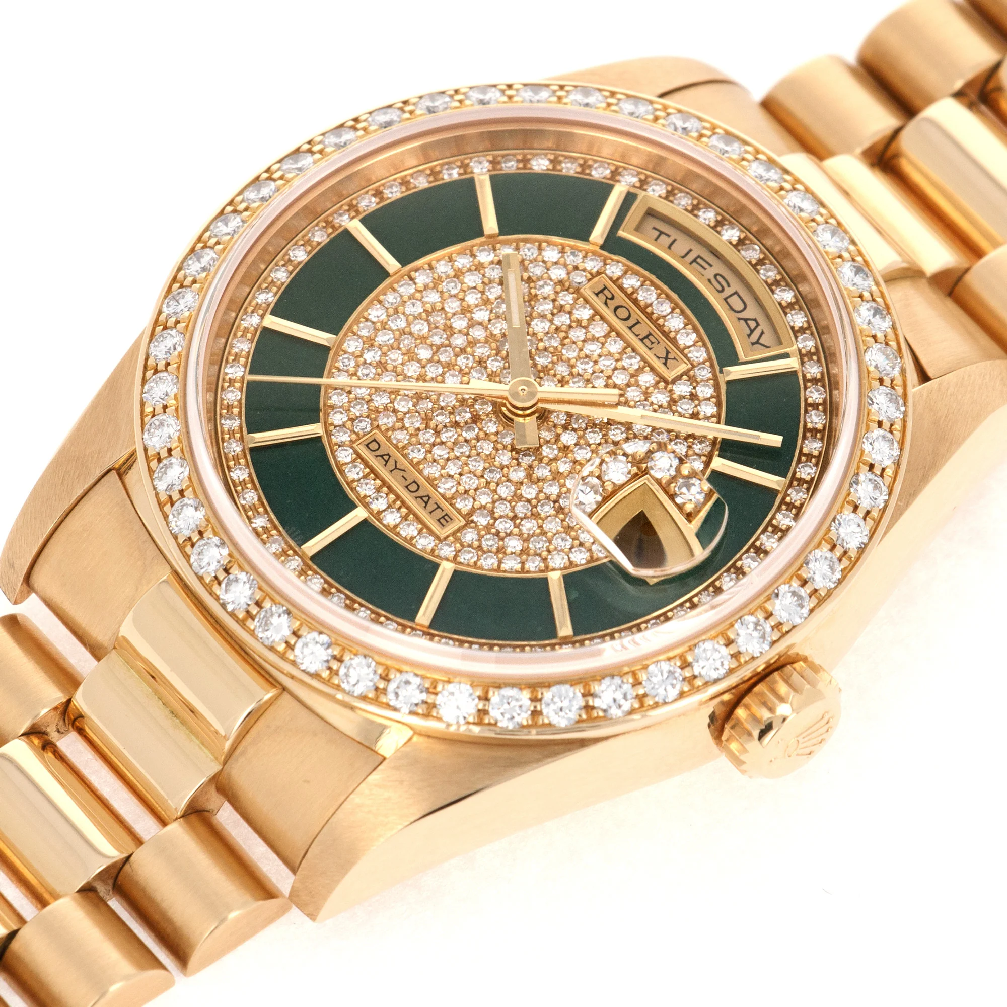 Rolex Yellow Gold Day-Date Ref. 18348 with Original Carousel Diamond and Green Enamel Dial - Image 4