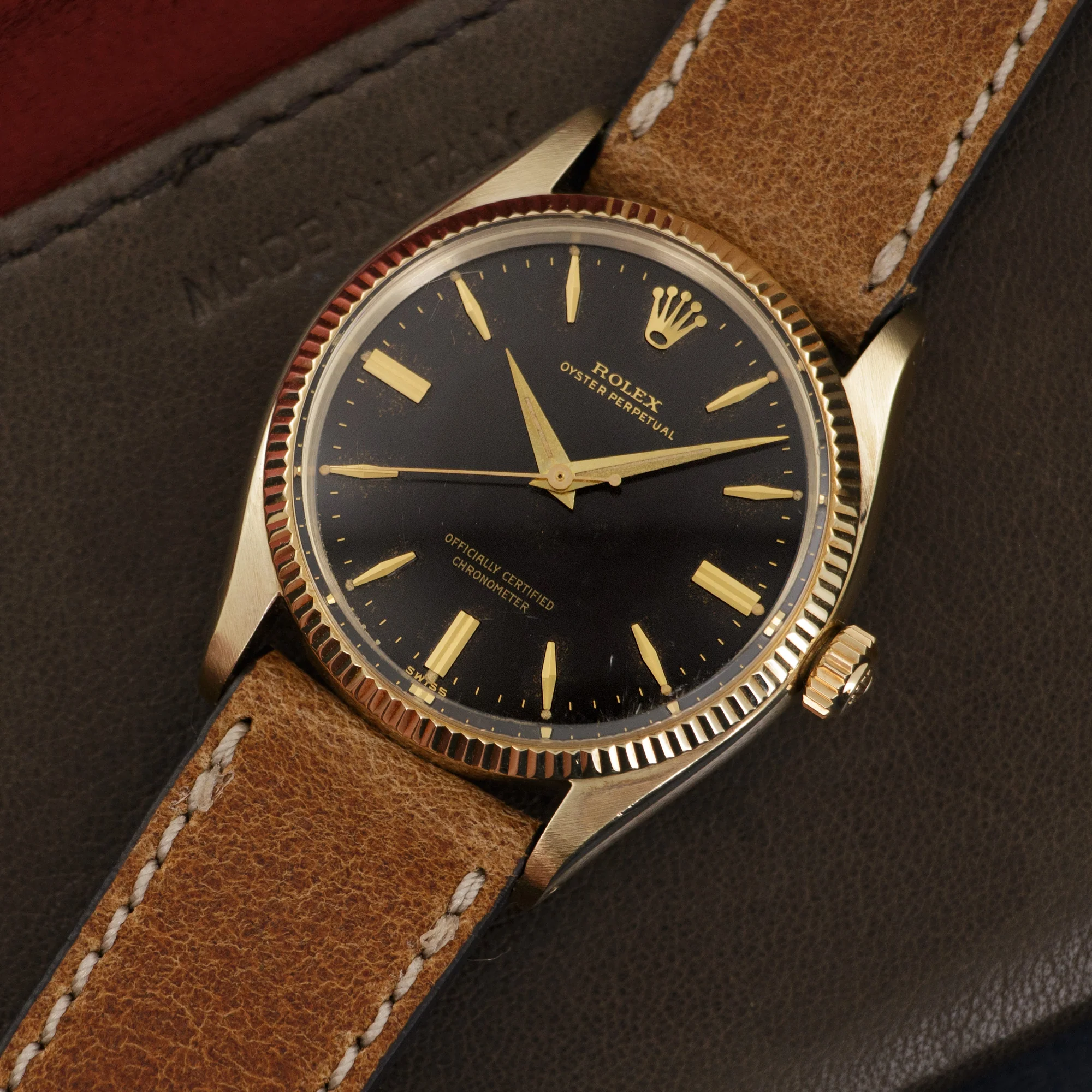 Rolex Yellow Gold Oyster Perpetual Black Gilt Dial Watch Ref. 6567 - Image 2